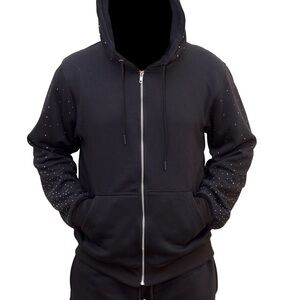 Men's Black Zip-Up Sweater with Rhinestone Details